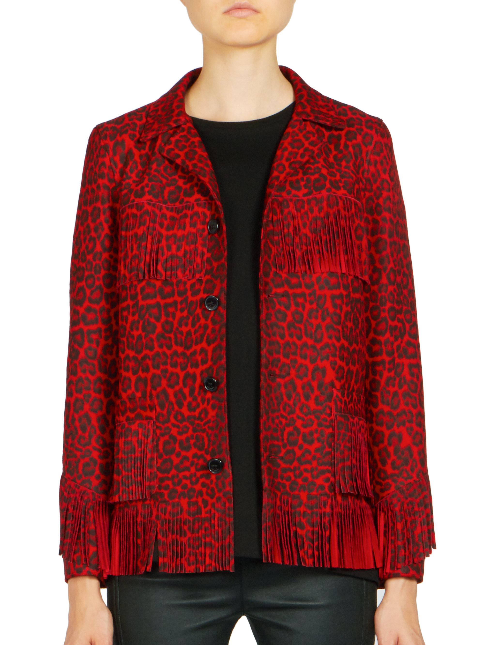 Saint laurent LeopardPrint Fringed Suede Jacket in Red Save 21 Lyst