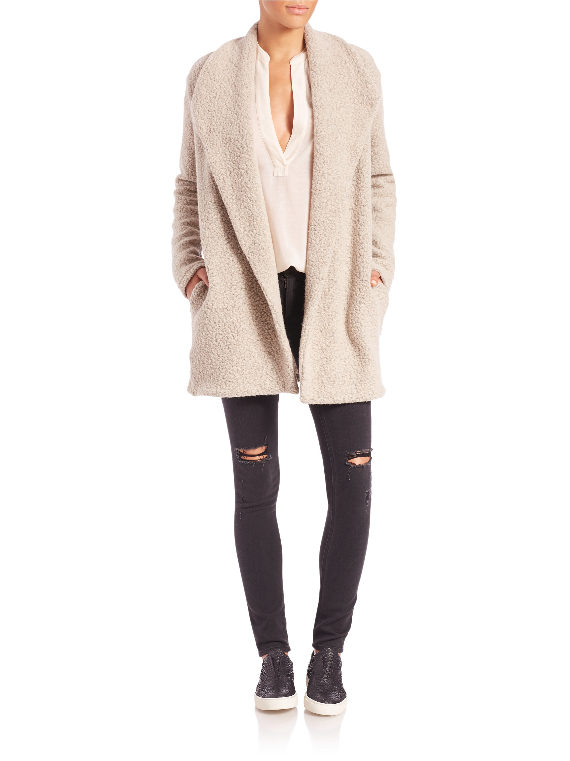 James perse Fleece Draped Open-front Cardigan in Natural | Lyst