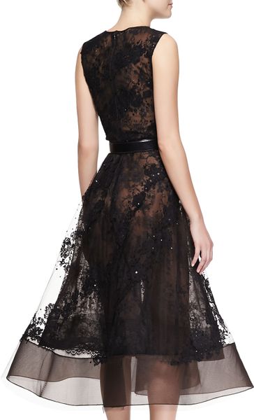 Oscar De La Renta Sleeveless Sheer Lace Beaded Dress in Black | Lyst