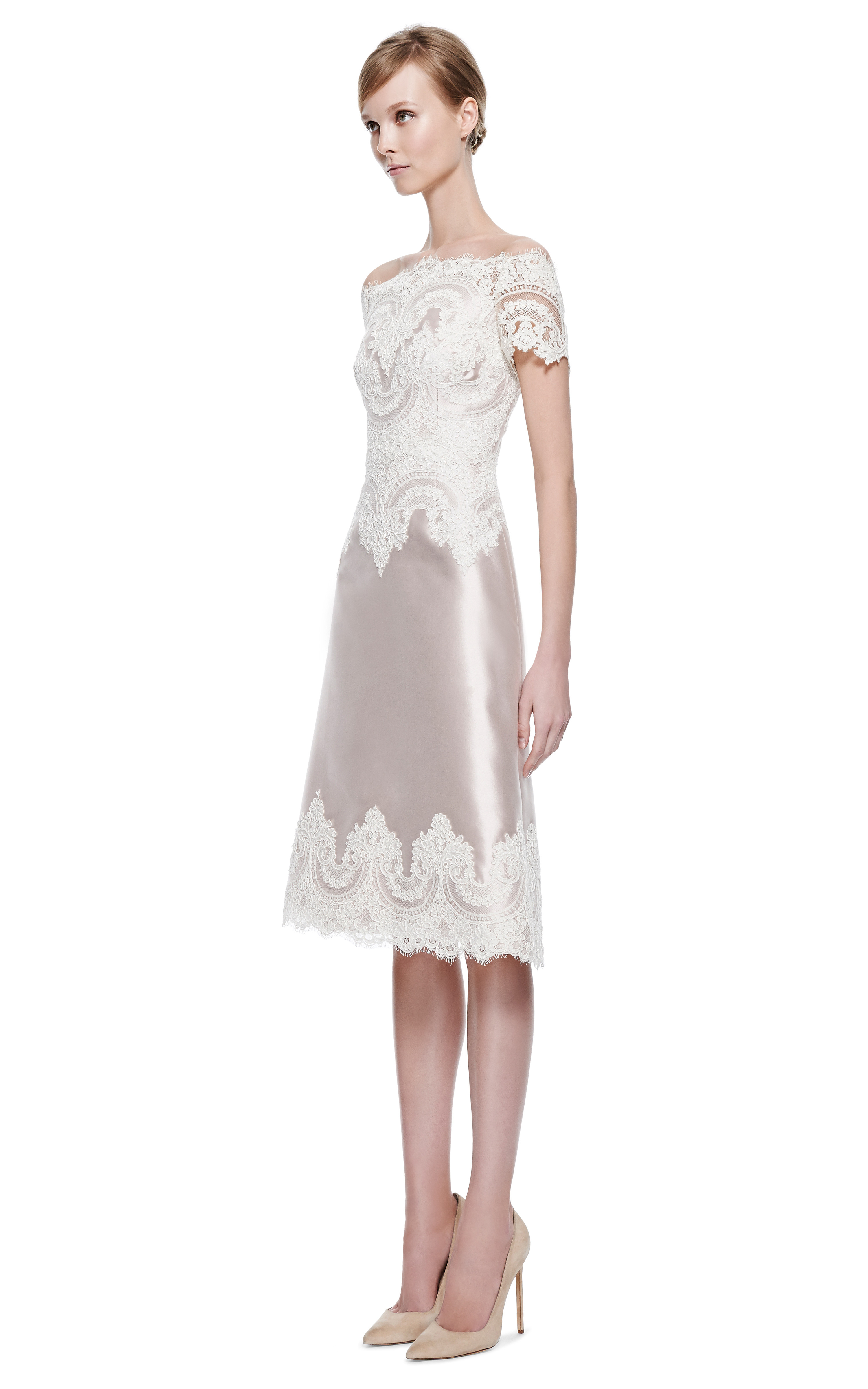 Lyst Marchesa Blush Silk Wool Cocktail Dress with Engineered Lace