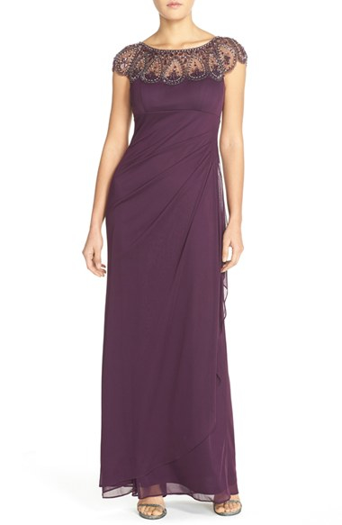 Xscape Embellished Illusion Ruched Jersey Gown in Purple | Lyst