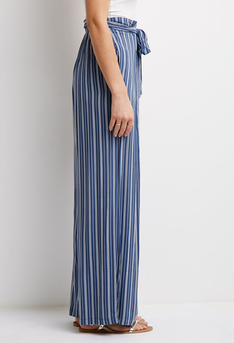 Forever 21 Contemporary Striped Self-tie Waist Pants in Blue | Lyst