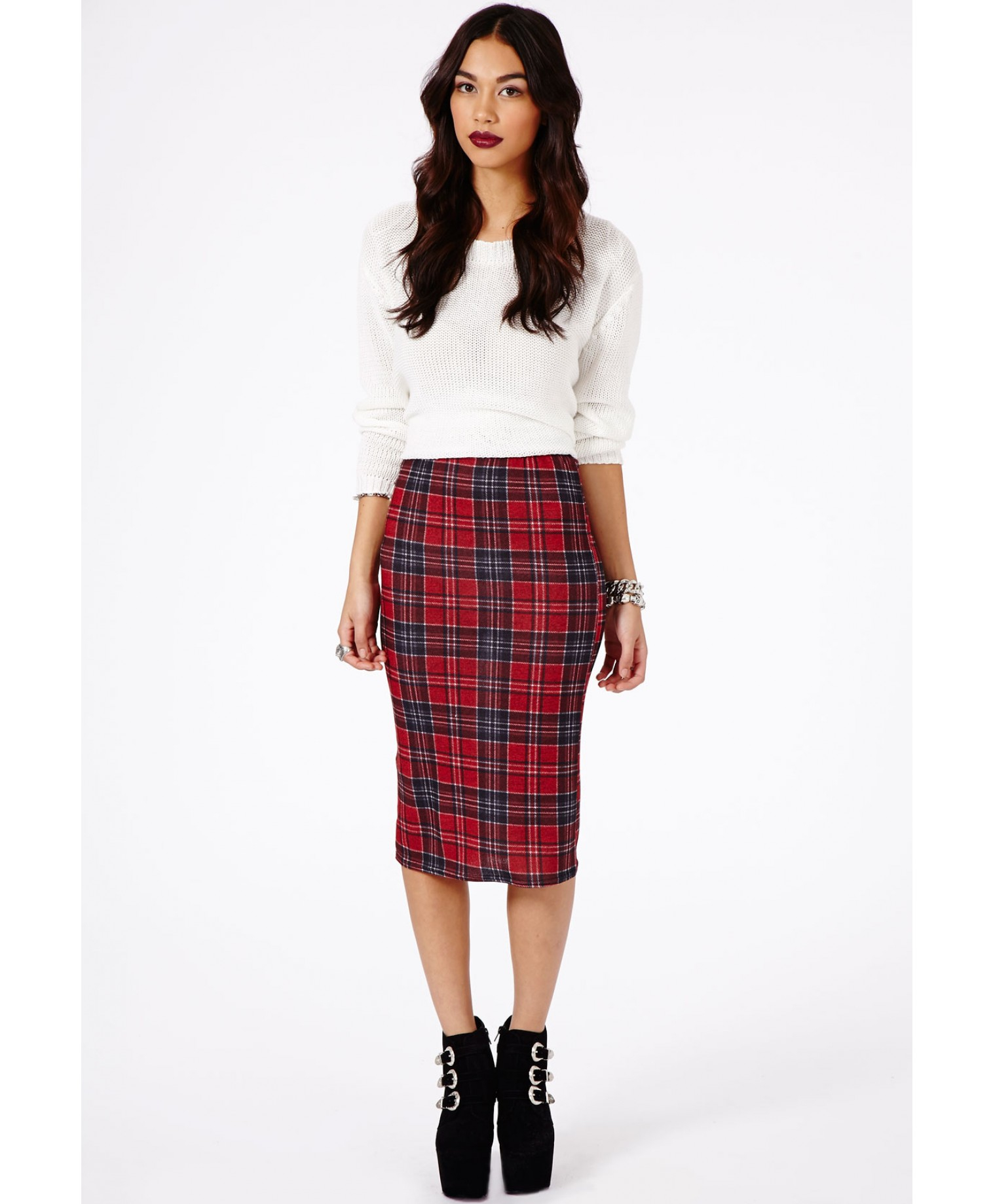 Lyst - Missguided Amalize Tartan Midi Pencil Skirt in Burgundy in Red