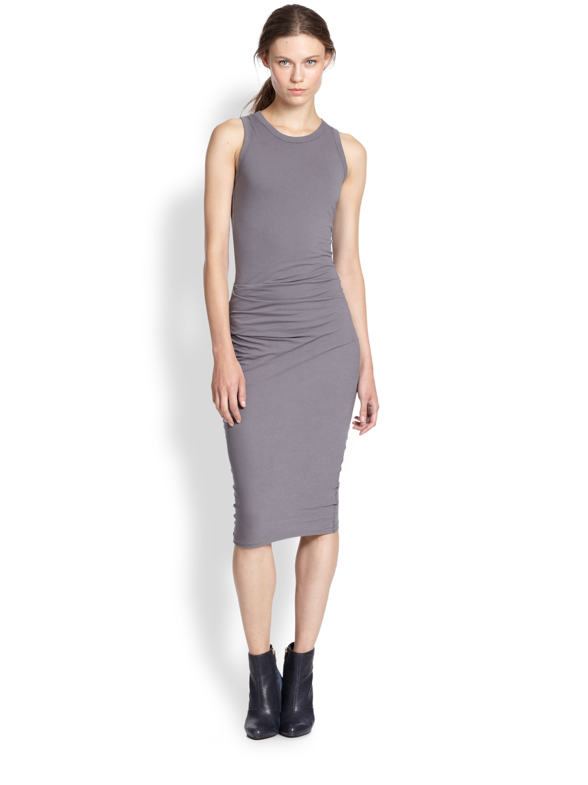 James Perse Ruched Stretch Cotton Tank Dress In Natural Lyst