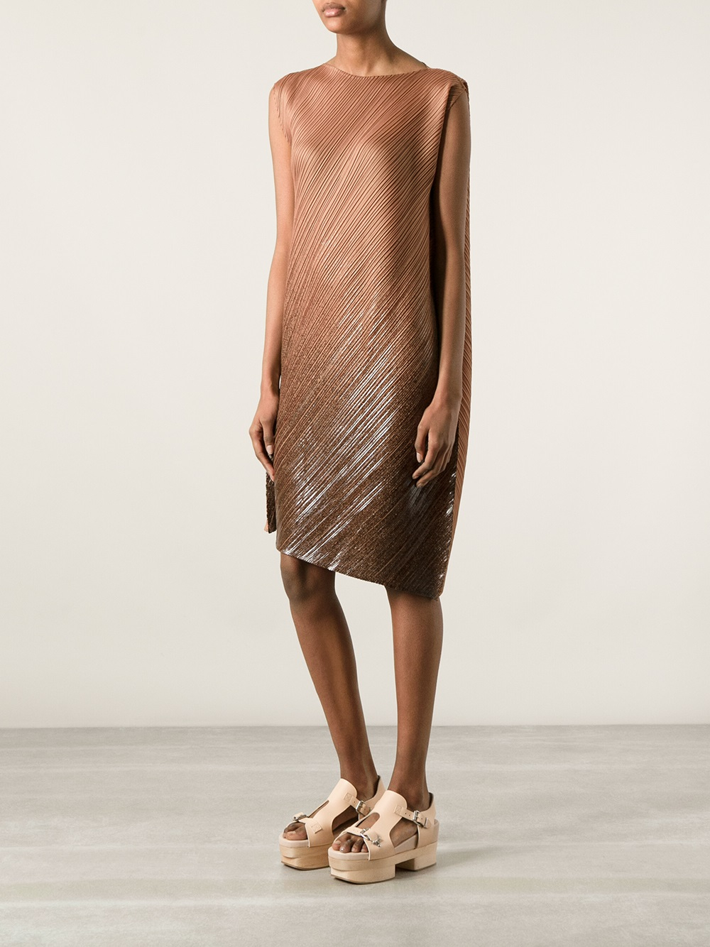 Lyst Pleats Please Issey Miyake Asymmetric Pleated Dress In Brown