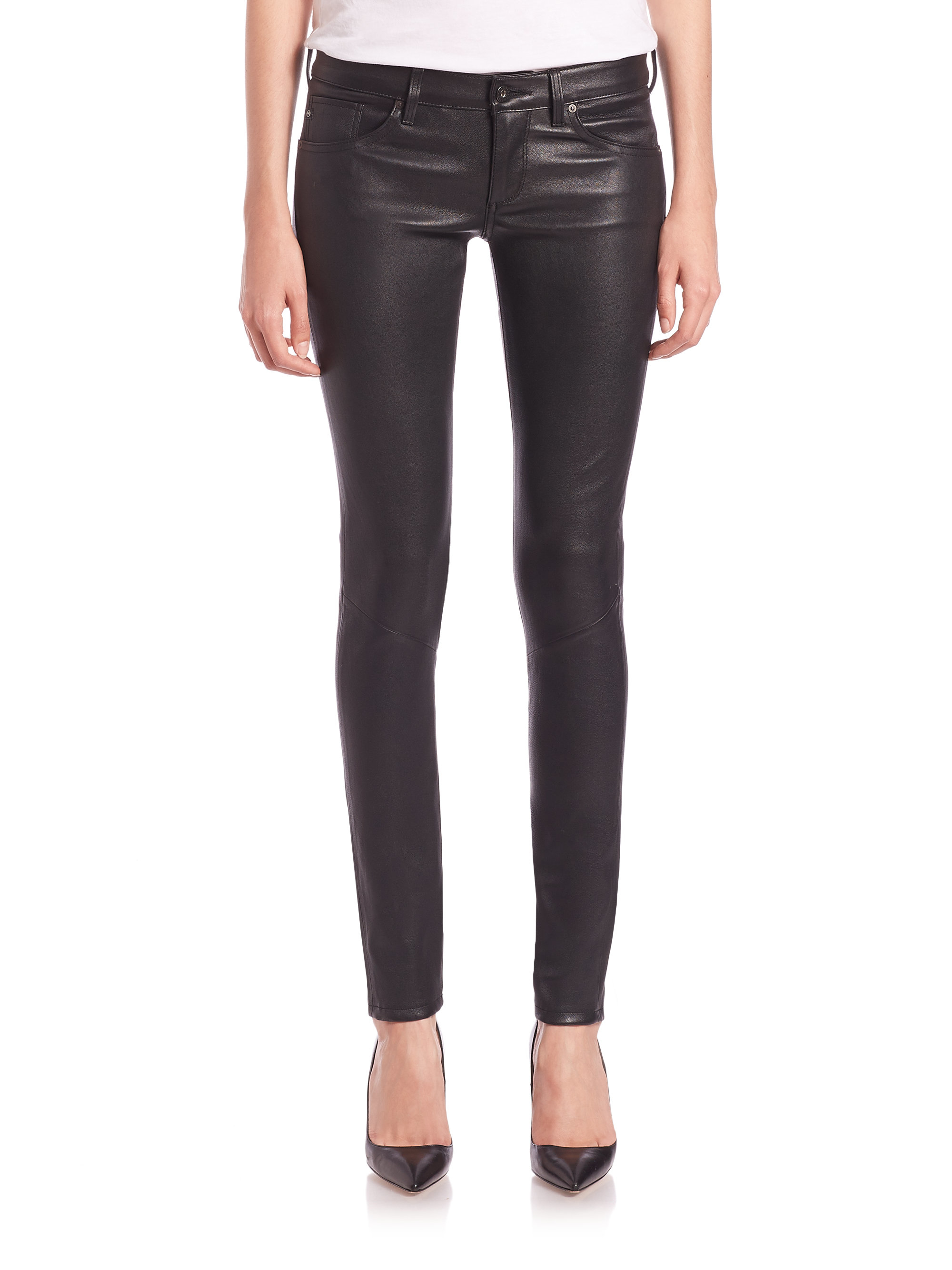 Ag jeans Leather Five-pocket Skinny Jeans in Black | Lyst