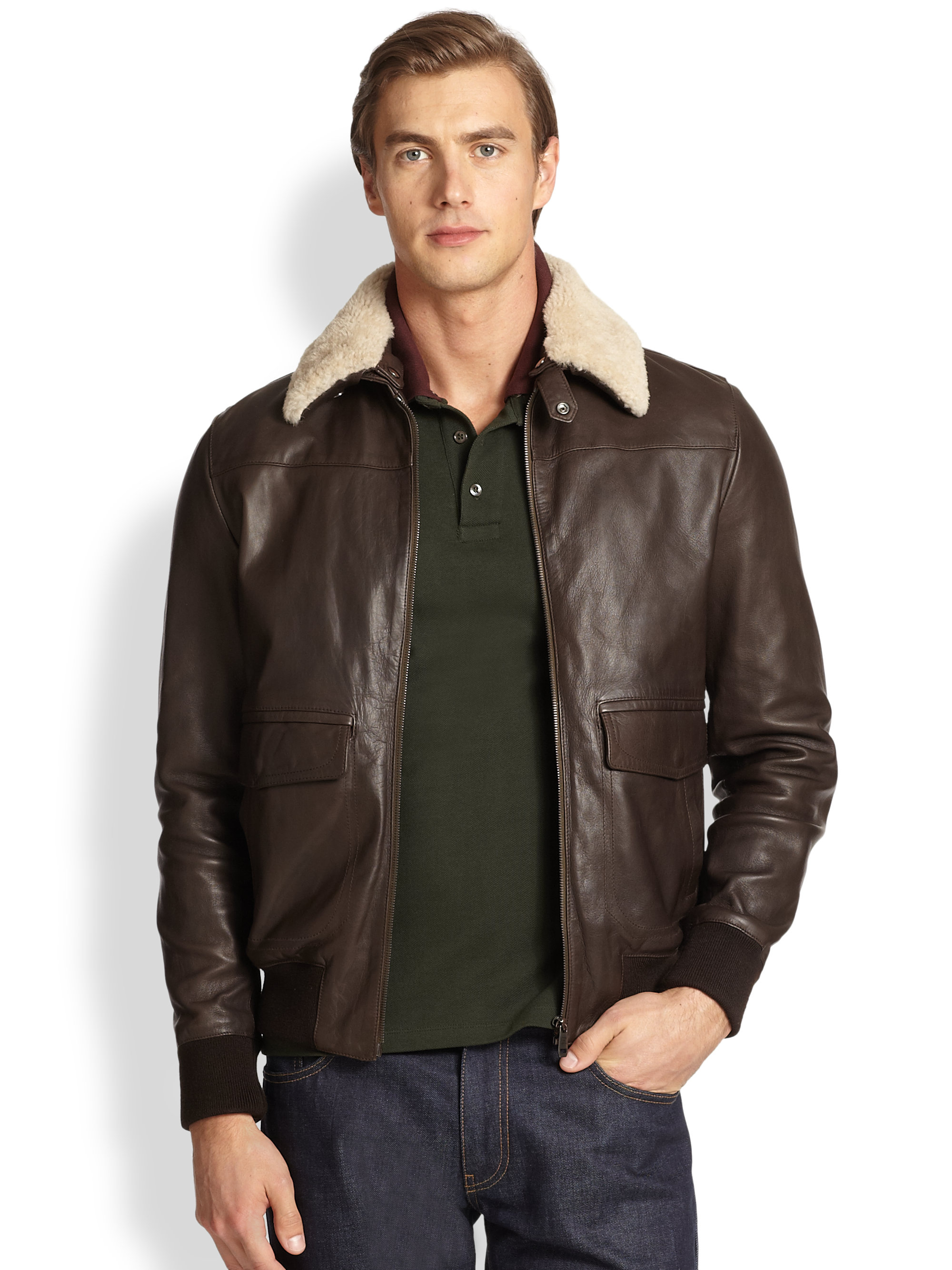 Lyst - Façonnable F Leather Shearling Aviator Jacket in Brown for Men