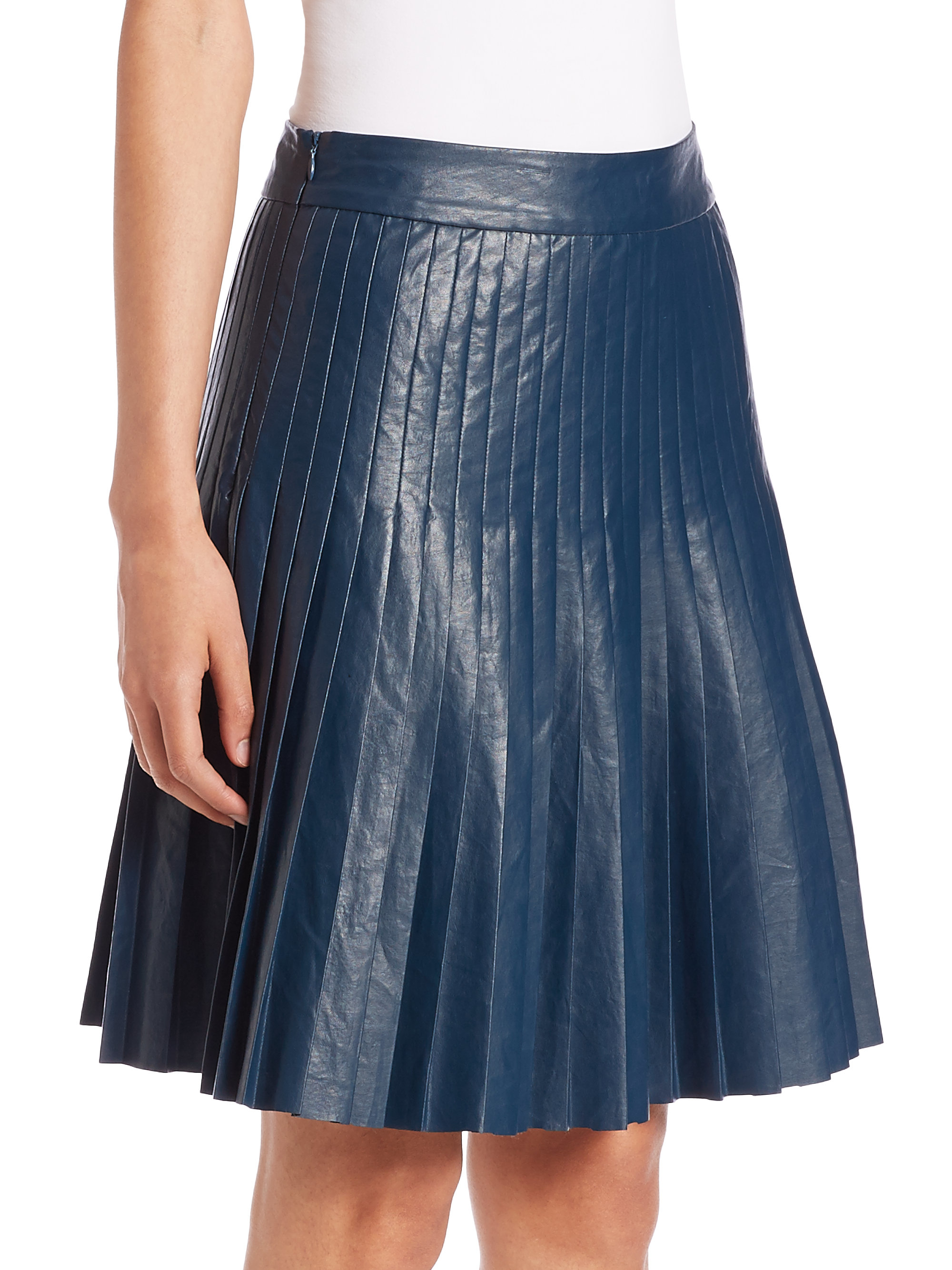 Rebecca Taylor Faux-leather Pleated Skirt in Blue - Lyst