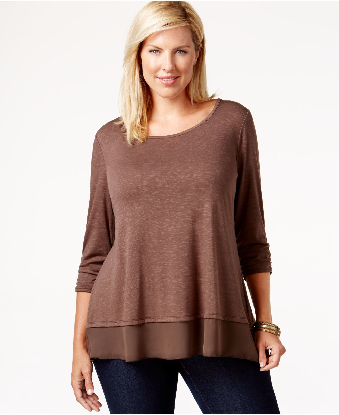 Style & Co. Plus Size Three-quarter-sleeve Chiffon-hem Top in Brown ...