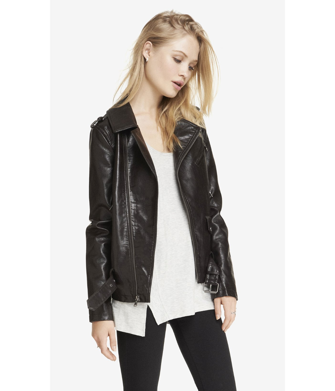 Express Dark Brown Minus The Leather Long Moto Jacket In Black Lyst Gallery Women S Cropped Leather Jackets