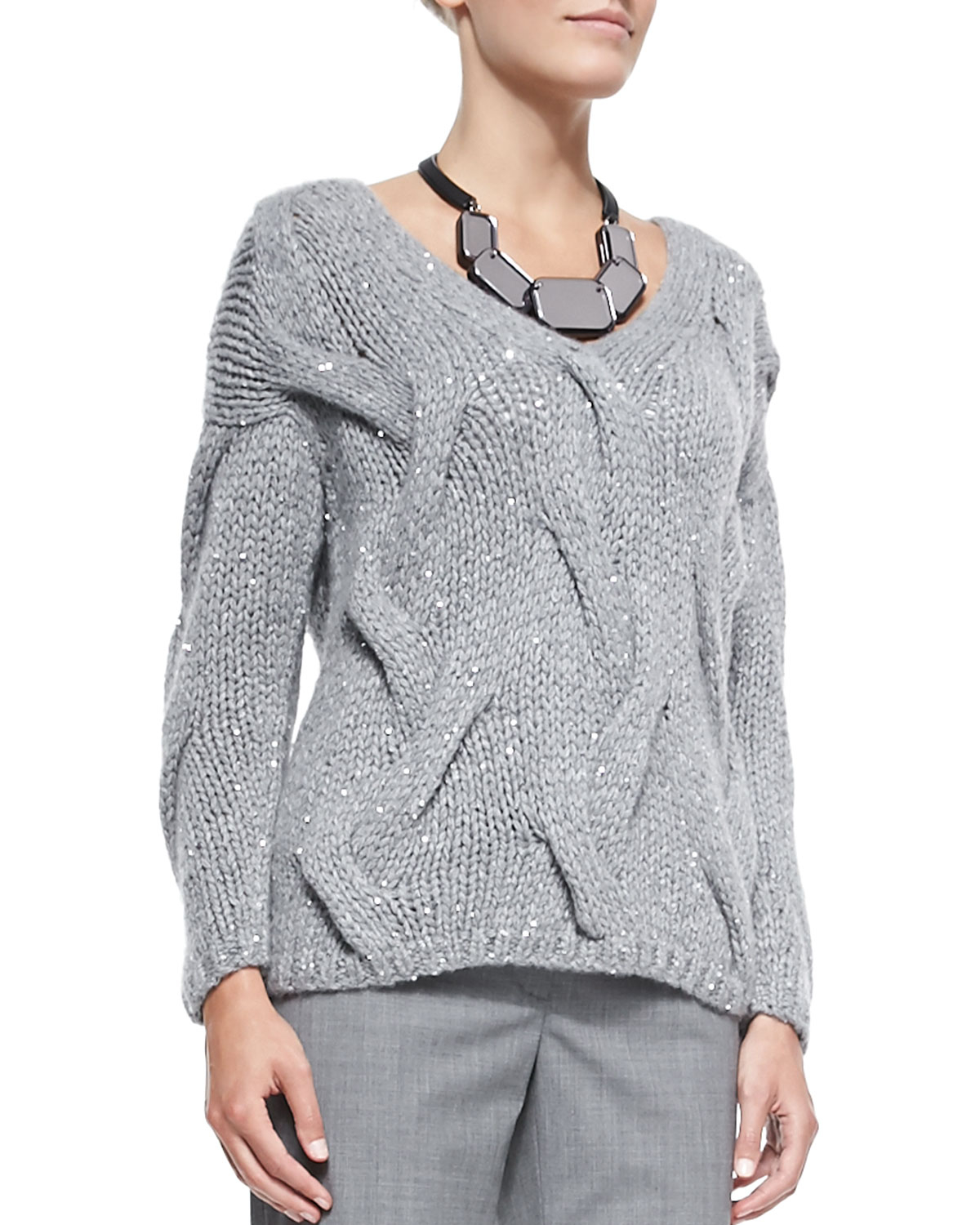 Lyst - Lafayette 148 New York V-neck Cashmere-blend Cable Sweater in Gray