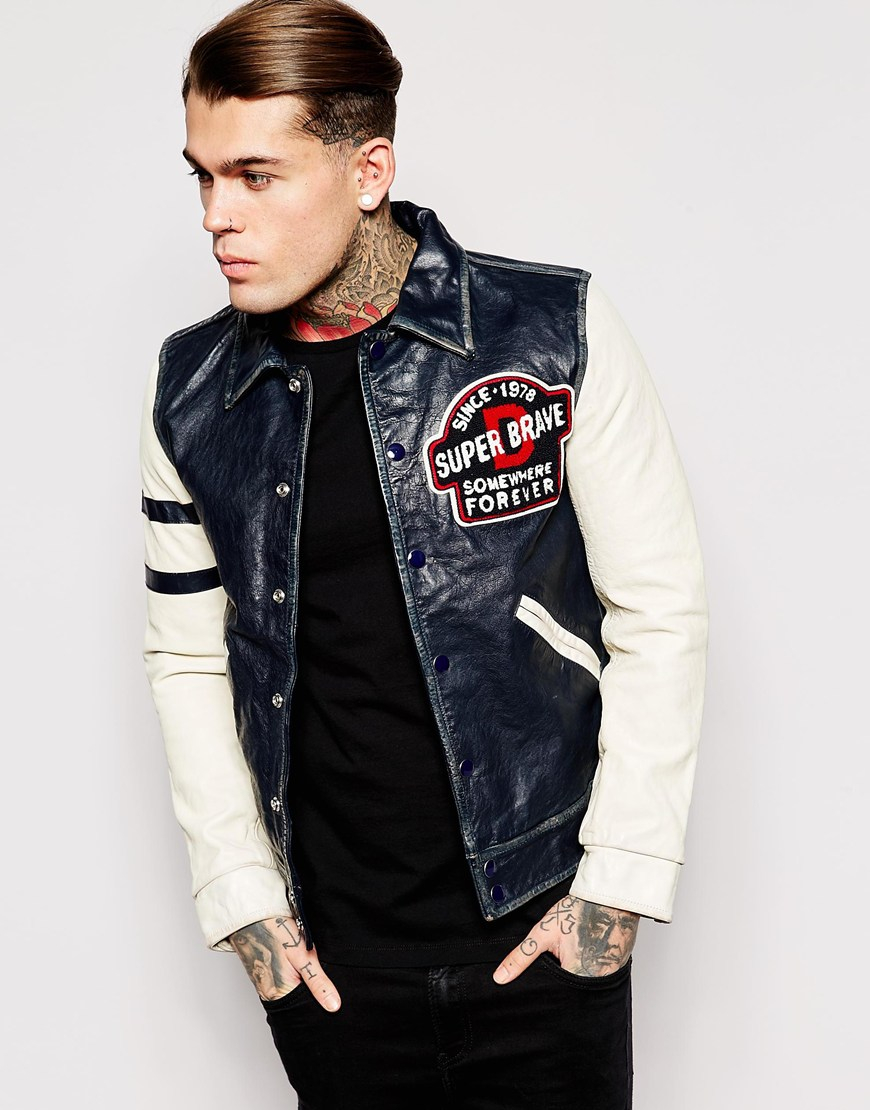 Diesel Leather Jacket Lhokens Moto Varsity in Blue for Men Lyst