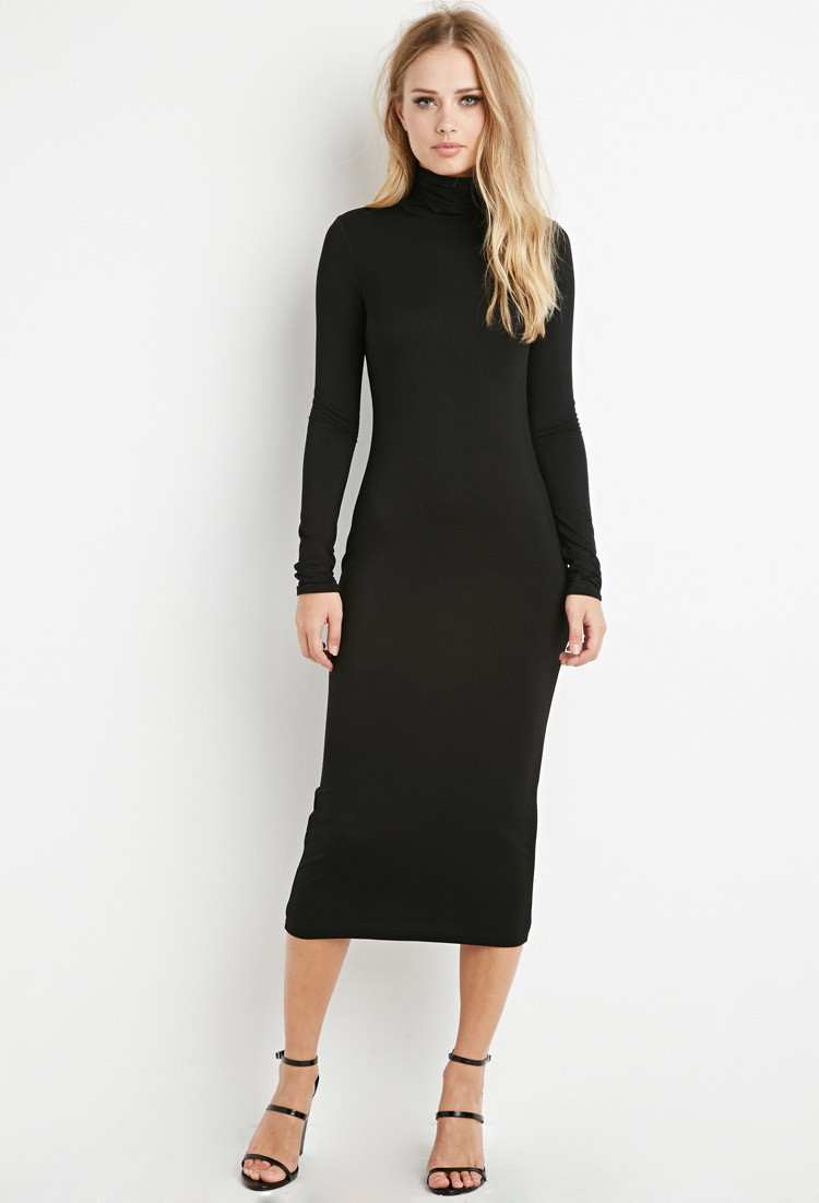 black long sleeve turtleneck midi dress