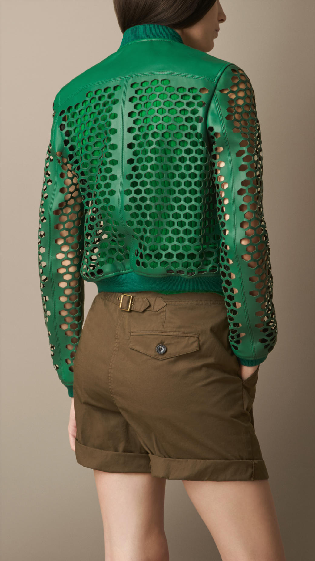 Lyst Burberry Bonded Leather LaserCut Bomber Jacket in Green
