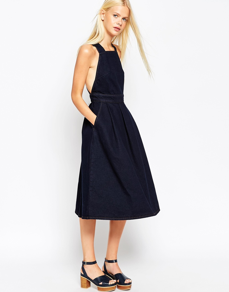 Asos Denim Cross Back Midi Dress In Dark Wash in Blue | Lyst