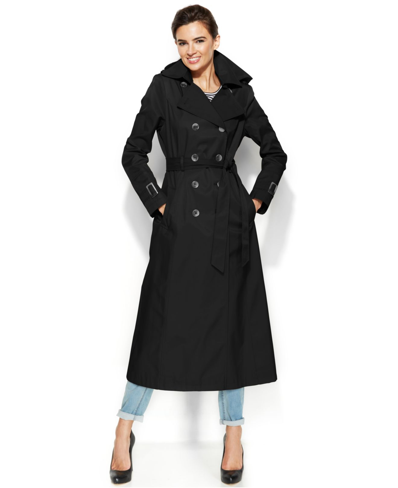 Lyst Dkny Hooded Double Breasted Maxi Trench Coat In Black