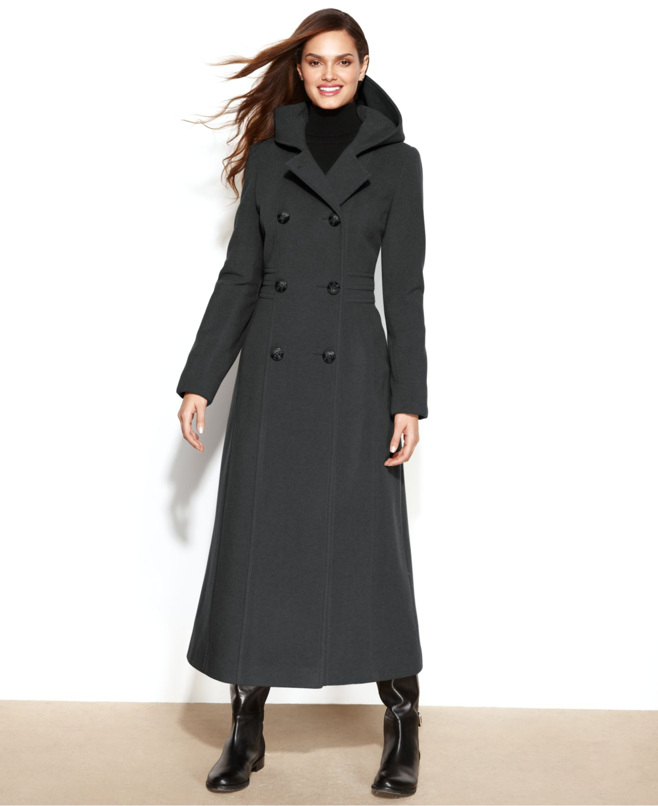 Anne klein Double-Breasted Wool-Blend Hooded Maxi Coat in Gray | Lyst