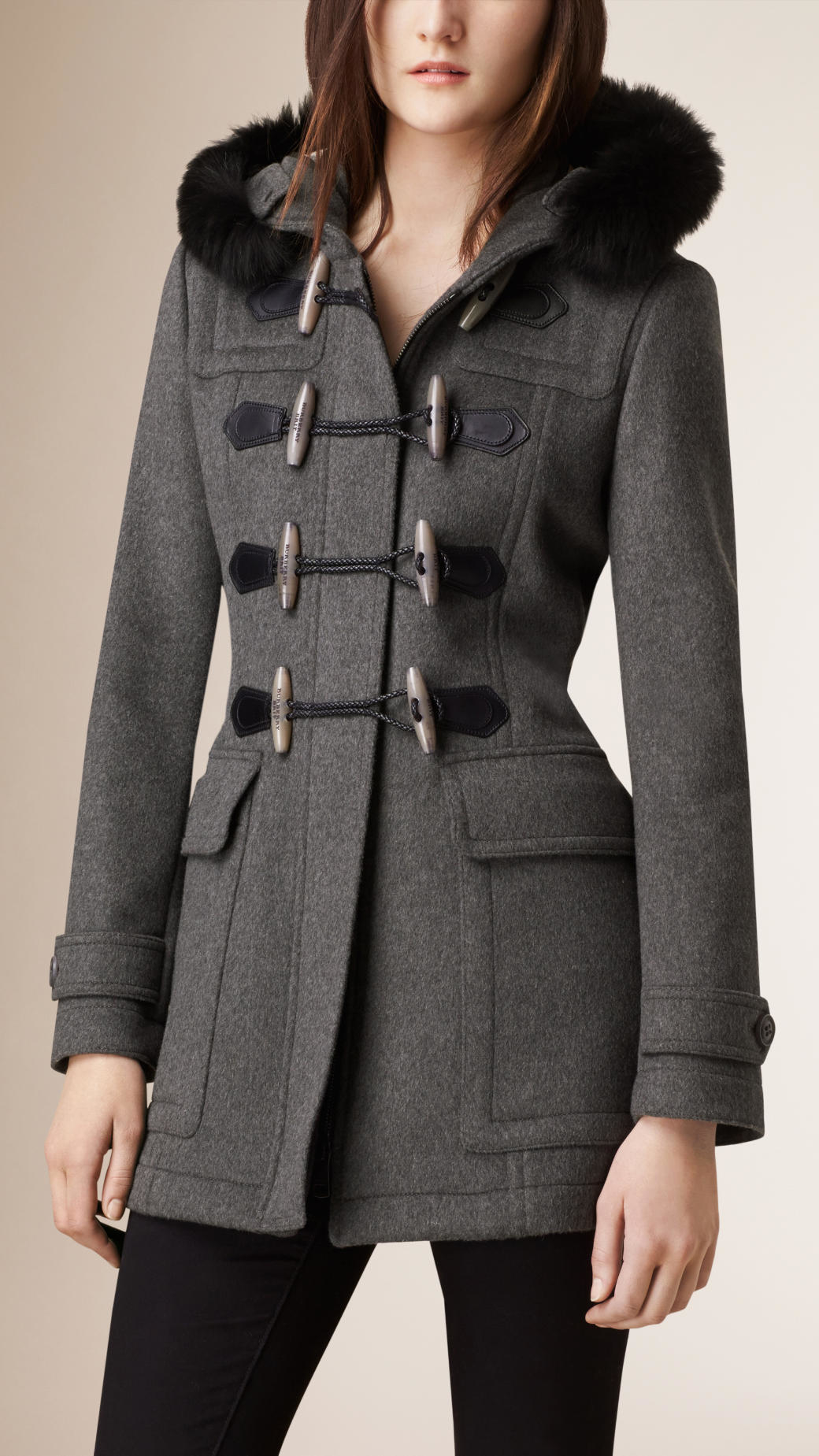 Lyst - Burberry Detachable Fur Trim Wool Duffle Coat in Gray