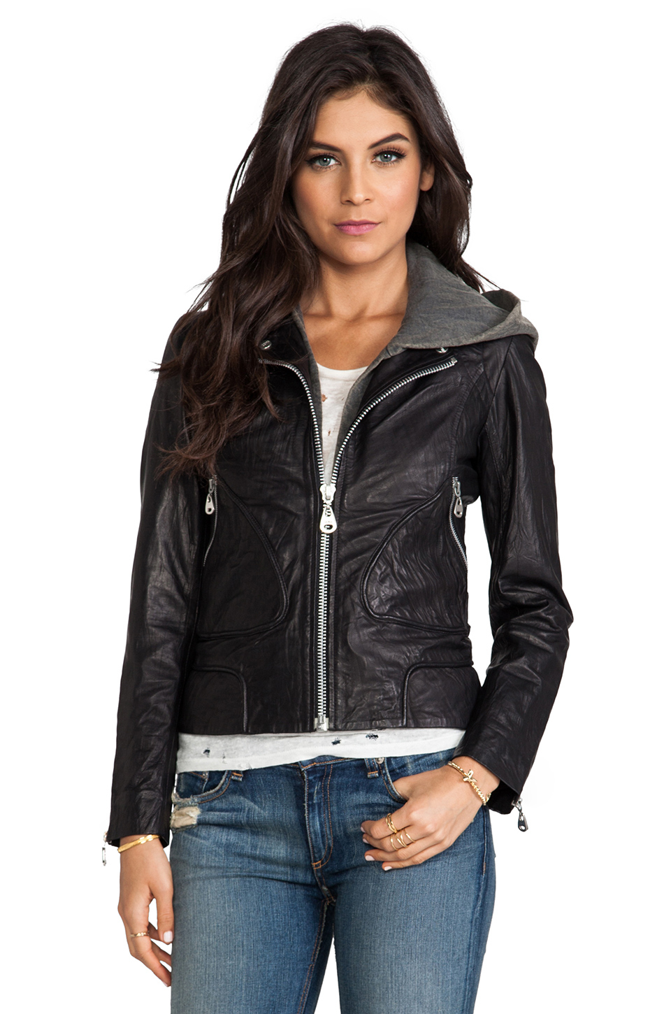 Doma Leather Washed Lamb Jacket With Hood In Black Gallery