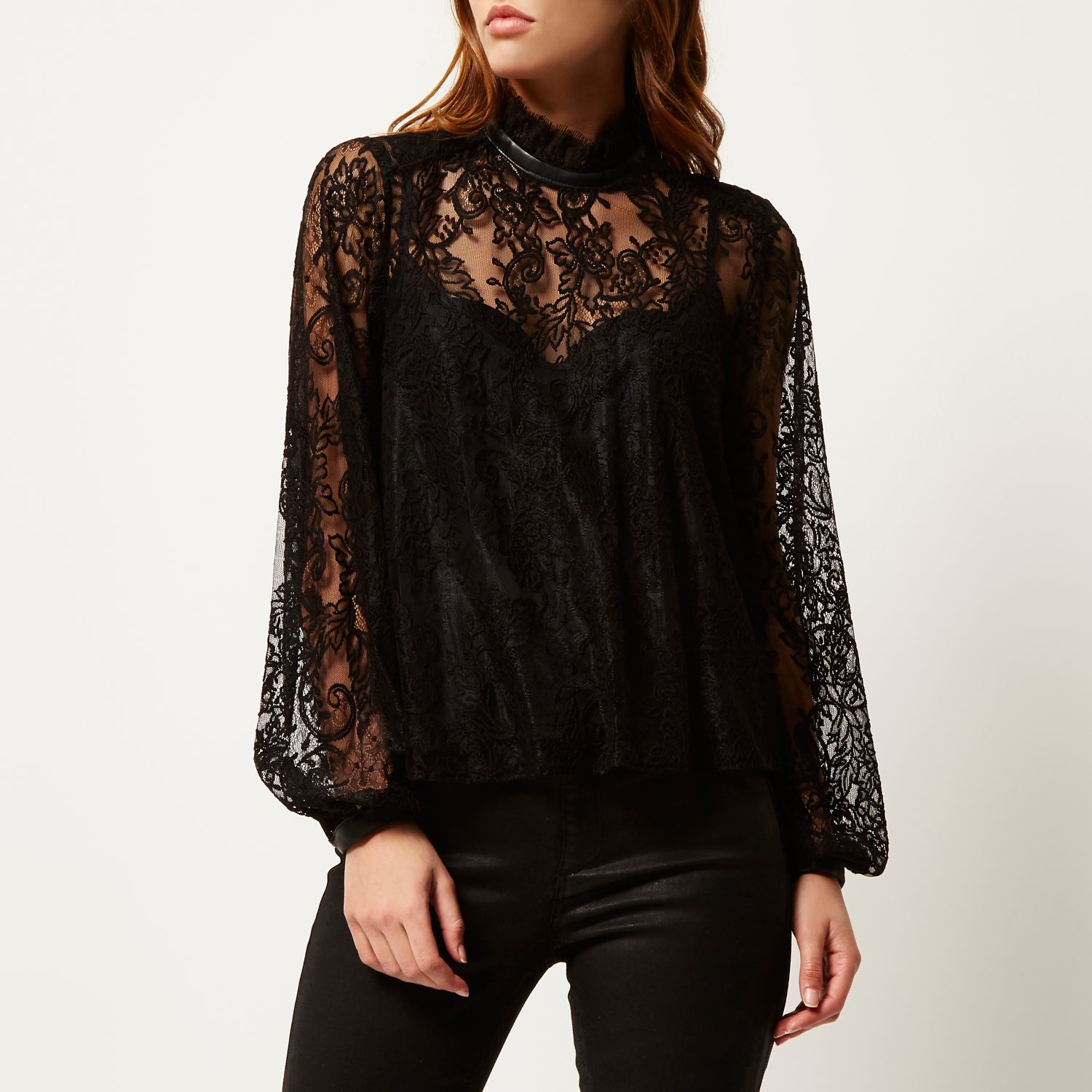 River island Black Lace High Neck Blouse in Black | Lyst