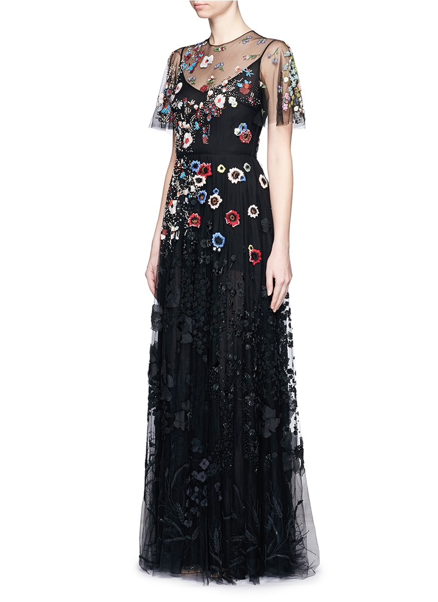 Valentino Floral Embroidery Bead Appliqué Tulle Gown in Black | Lyst