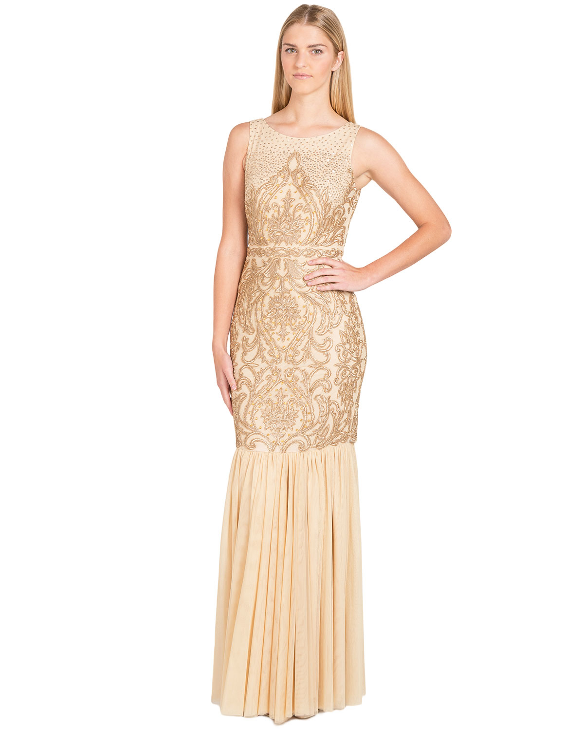 badgley mischka metallic lace gown