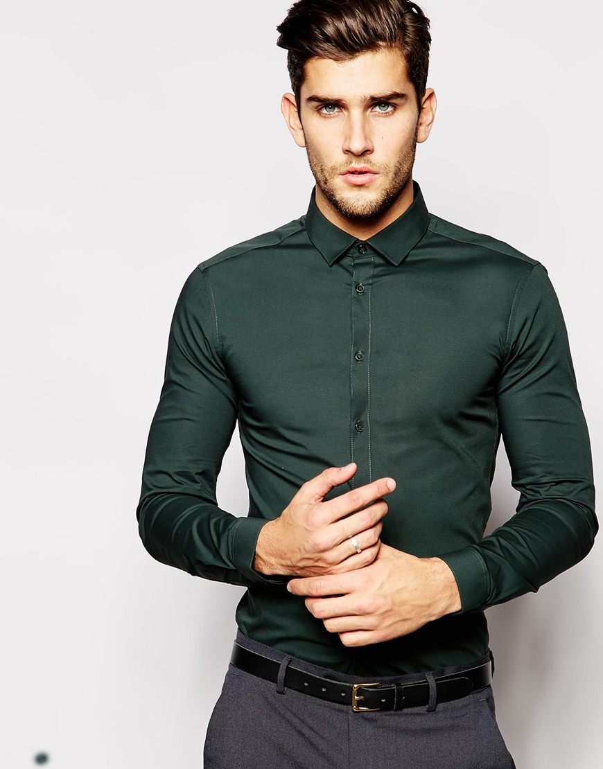 Lyst Asos Skinny Fit Shirt  In Khaki  With Long  Sleeves  in 