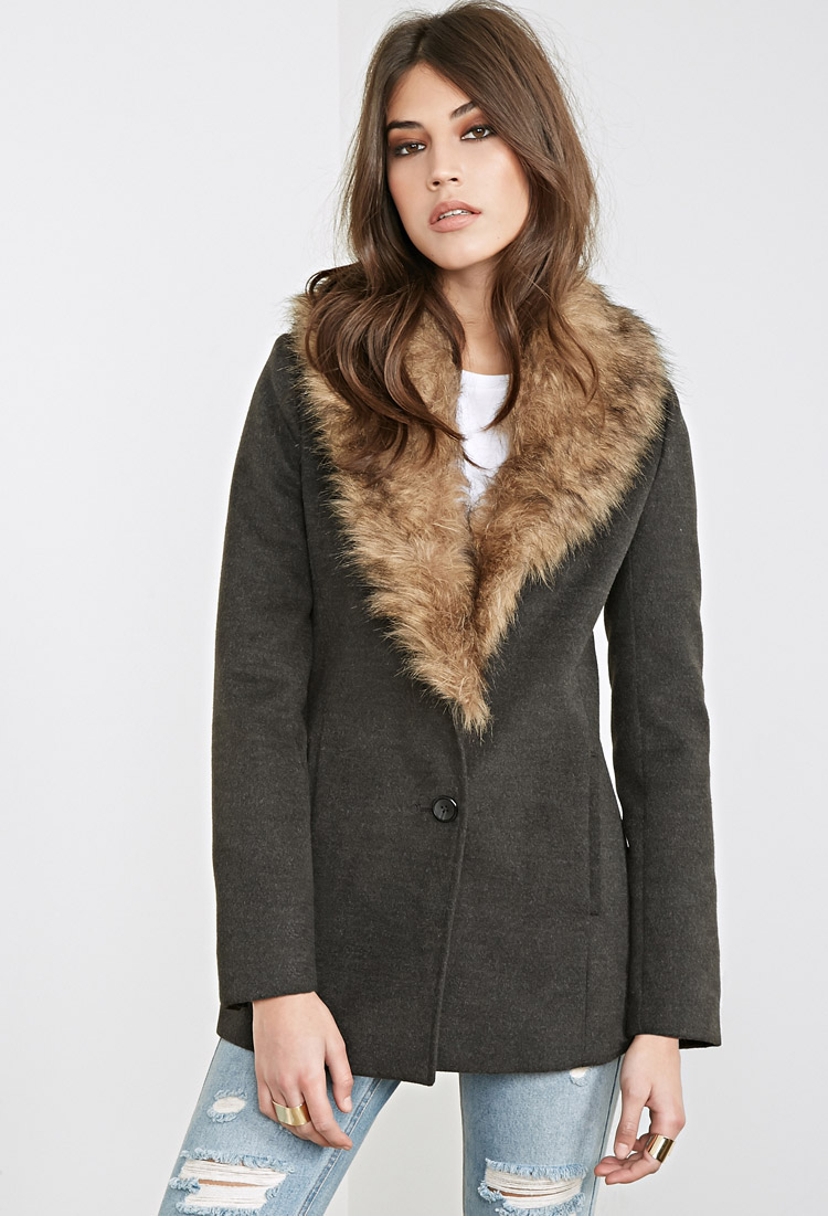Lyst - Forever 21 Faux Fur Collar Coat in Gray