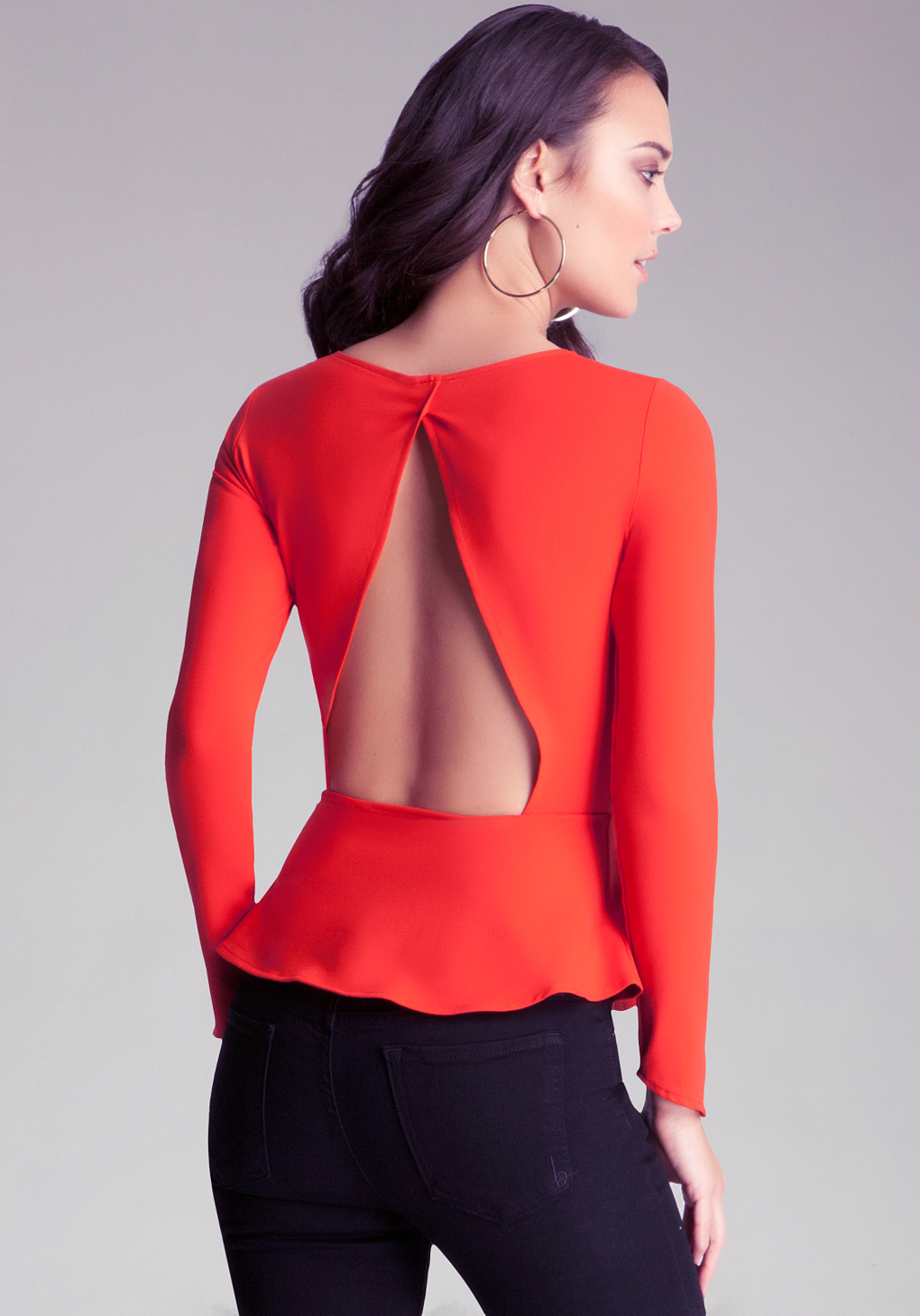 Lyst Bebe Open Back Peplum Top in Red