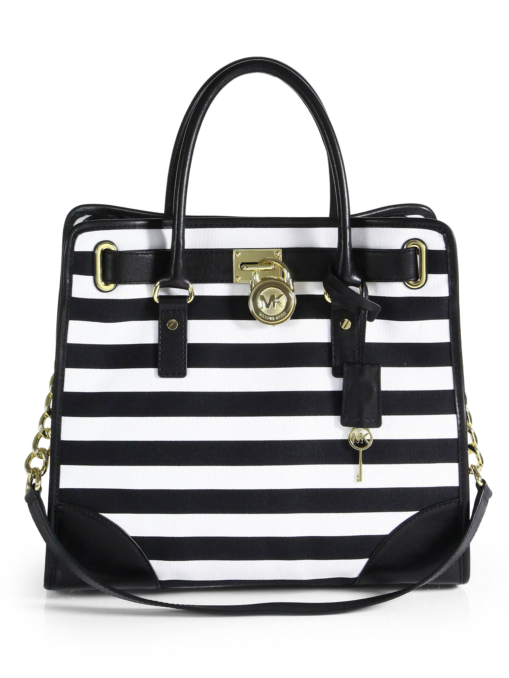 Lyst Michael Kors Hamilton Striped Canvas Tote In Black Gallery