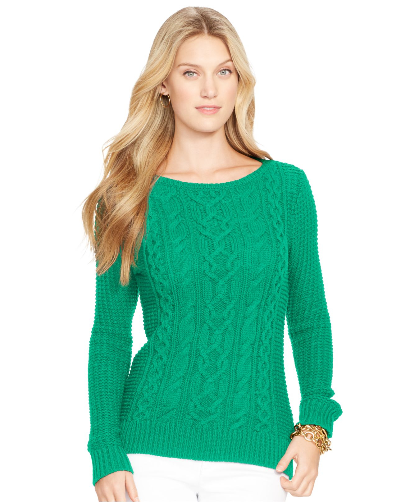 Lyst - Lauren by Ralph Lauren Boat-Neck Cable-Knit Sweater in Green