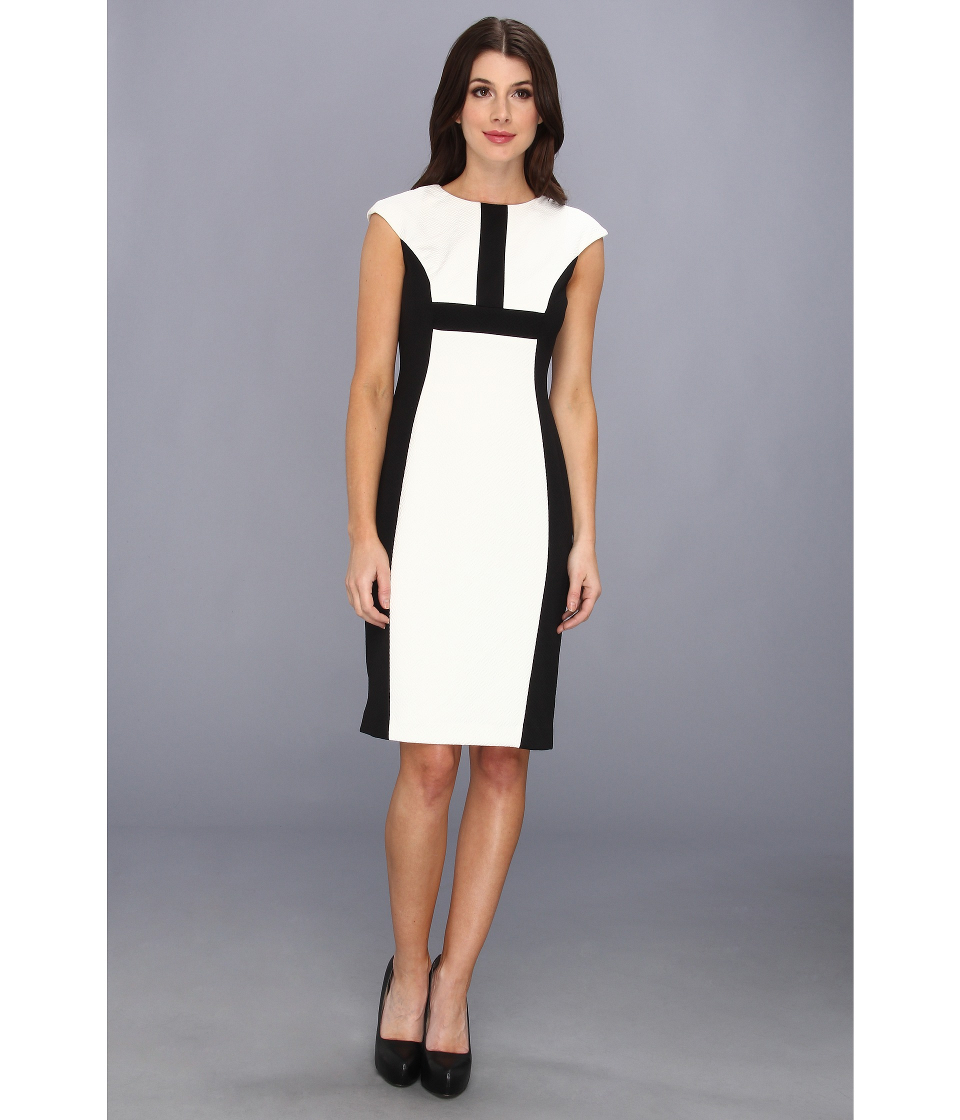 Maggy London Cap Sleeve Jacquard Colorblock Dress in Black (White/Black ...