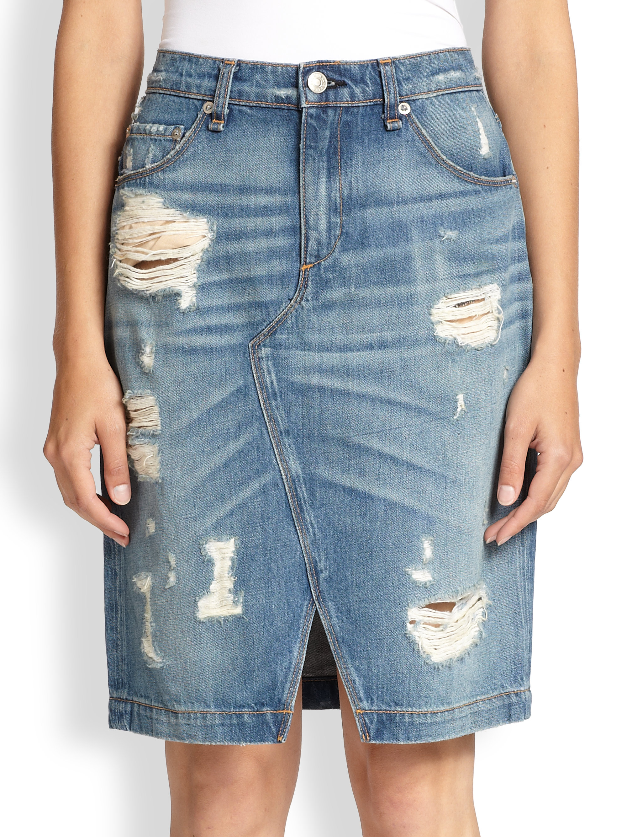 Rag & bone Distressed Denim Pencil Skirt in Blue | Lyst