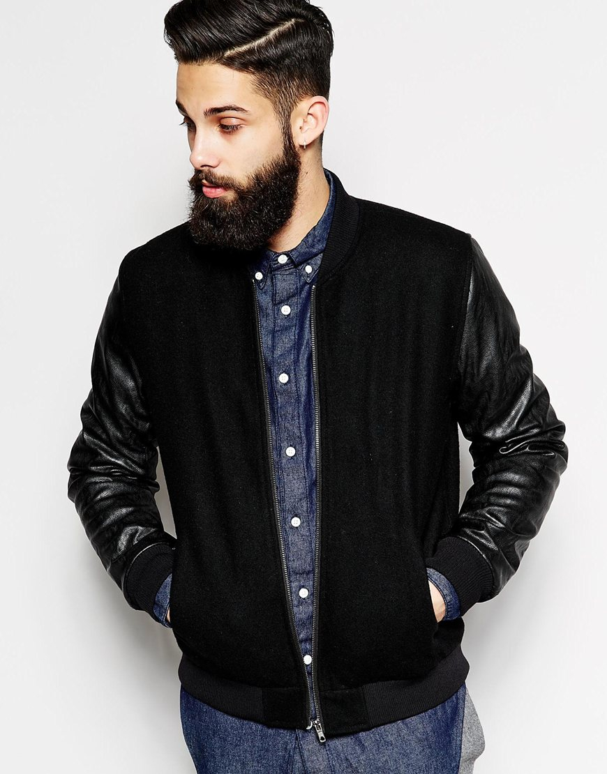 Leather Sleeve Bomber Jacket Mens - Coat Nj