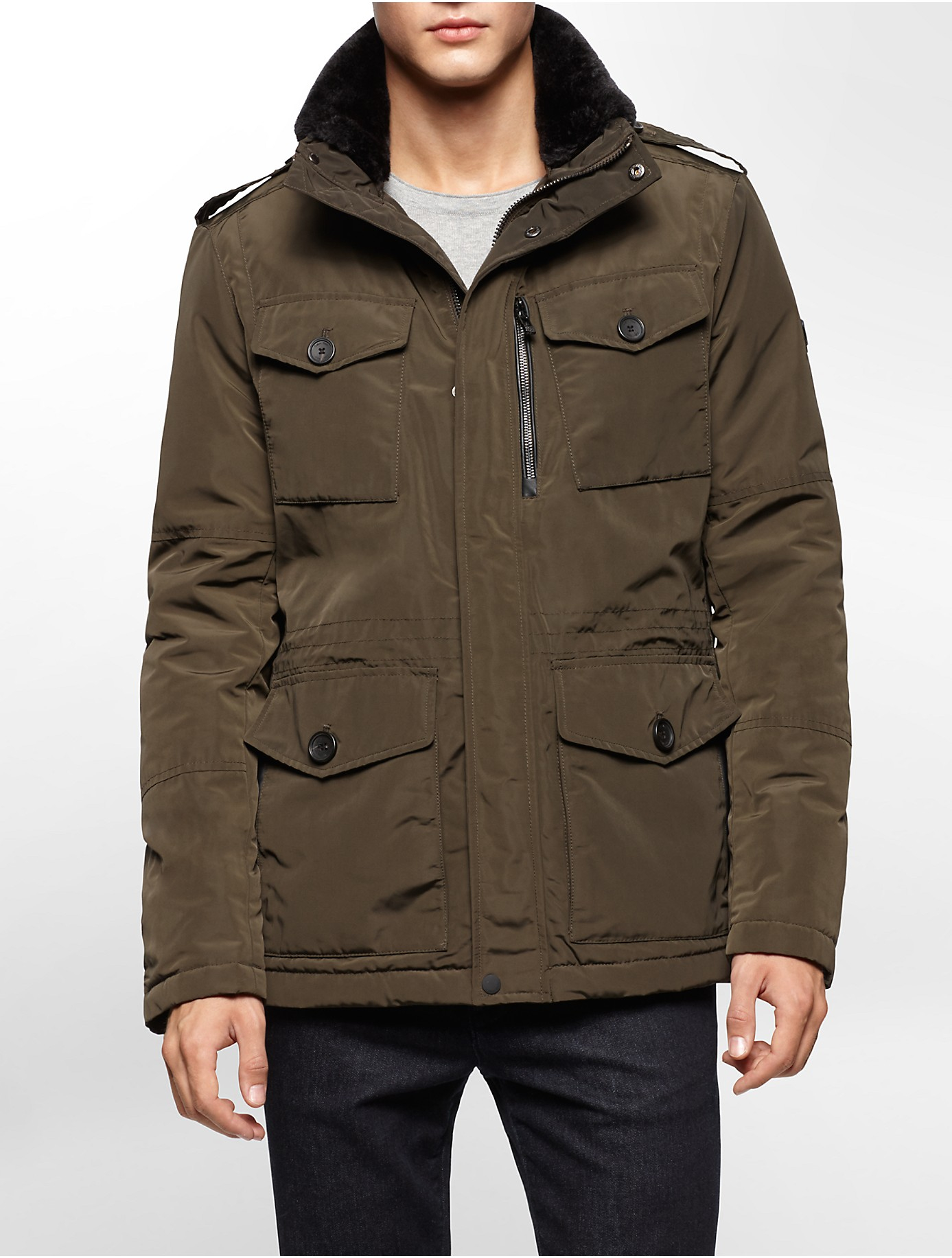 Lyst - Calvin Klein White Label Faux Fur Collar Military Jacket in ...