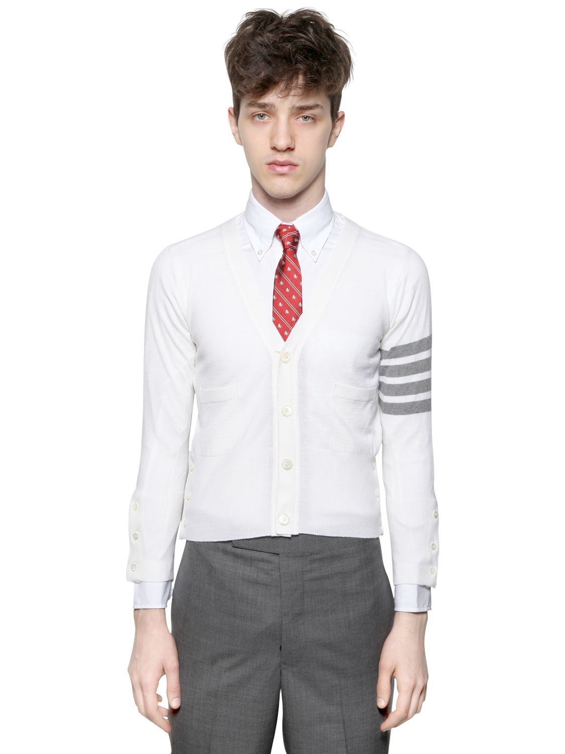 Lyst - Thom Browne Wool Knit Striped Sleeve Cardigan in White for Men