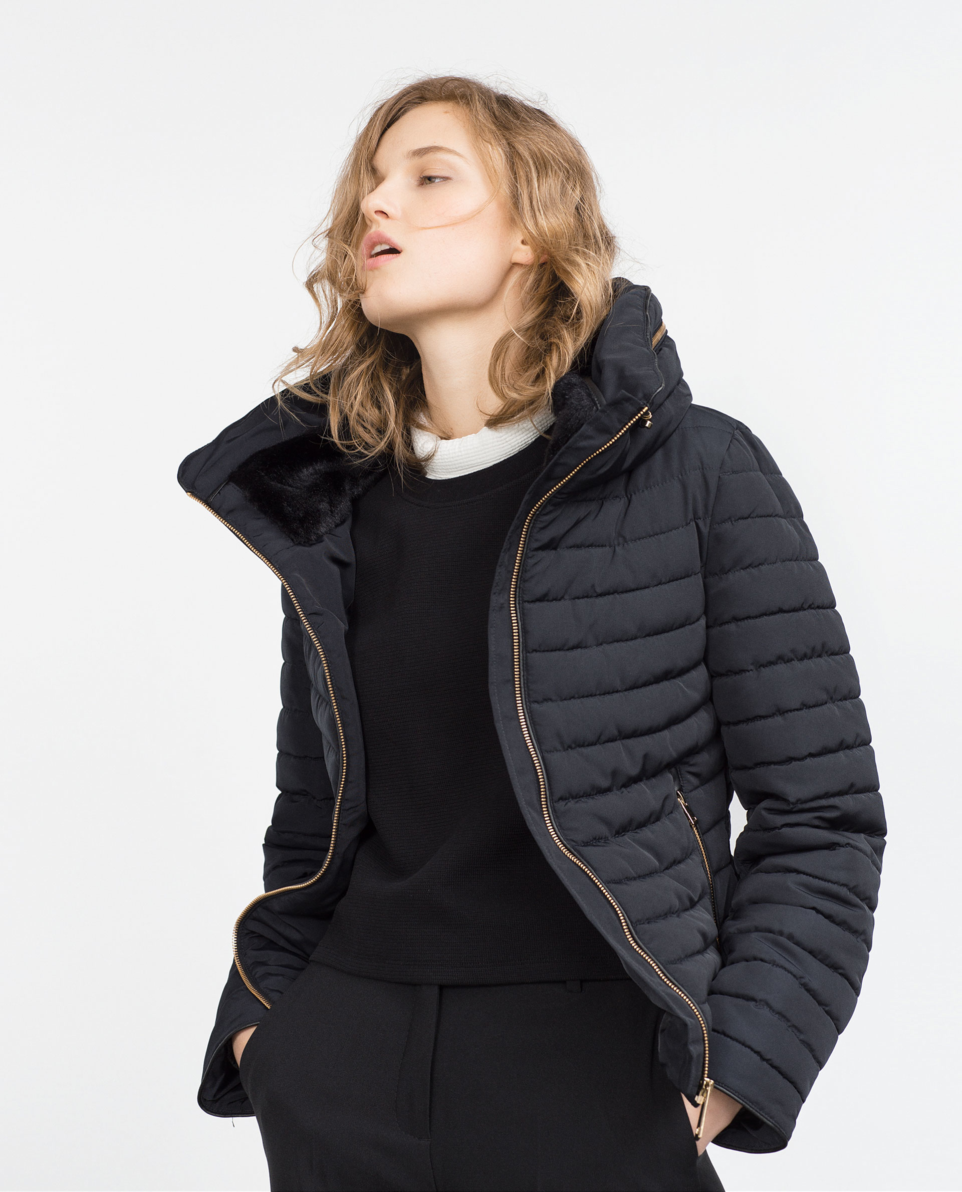 Zara Quilted Coat With Faux Fur Collar in Blue | Lyst