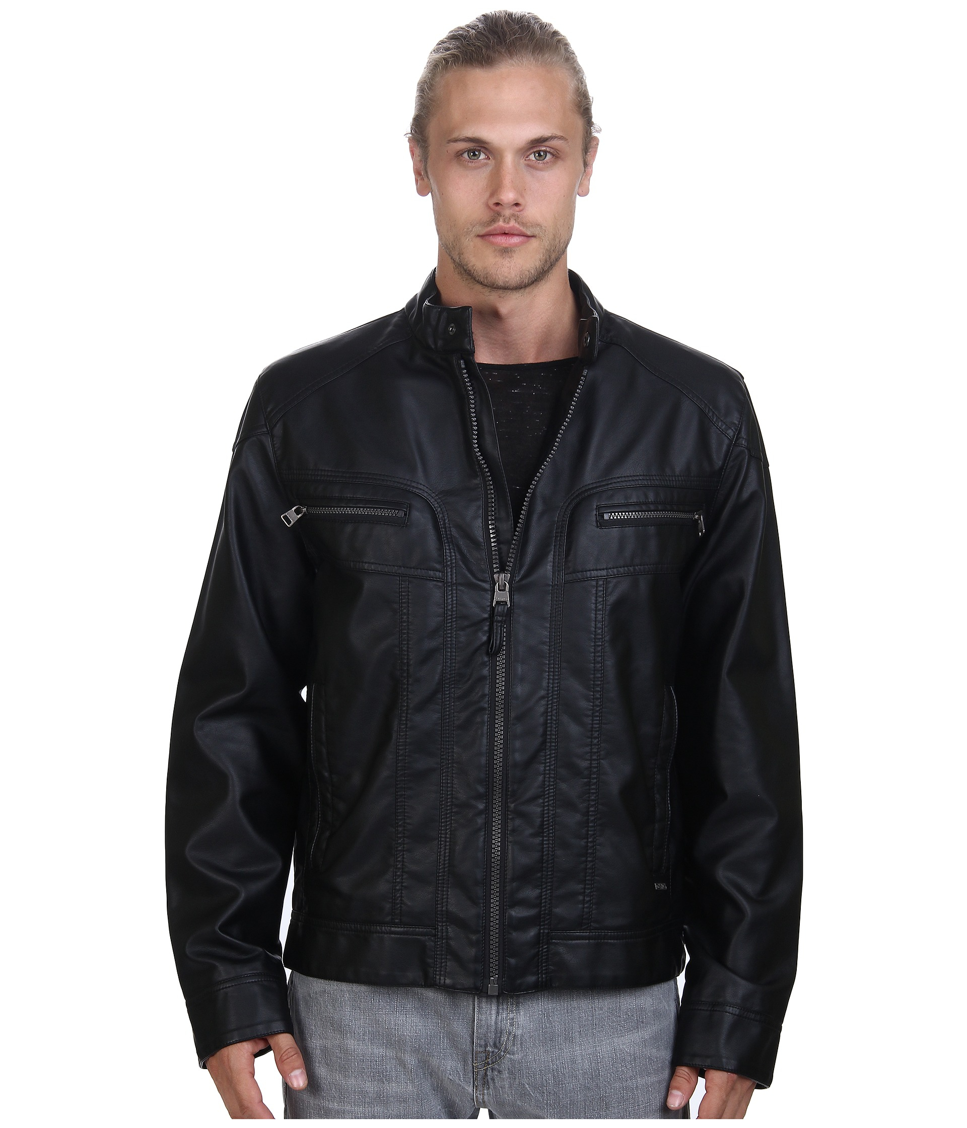 Calvin klein Faux Leather Moto Jacket in Black for Men Lyst