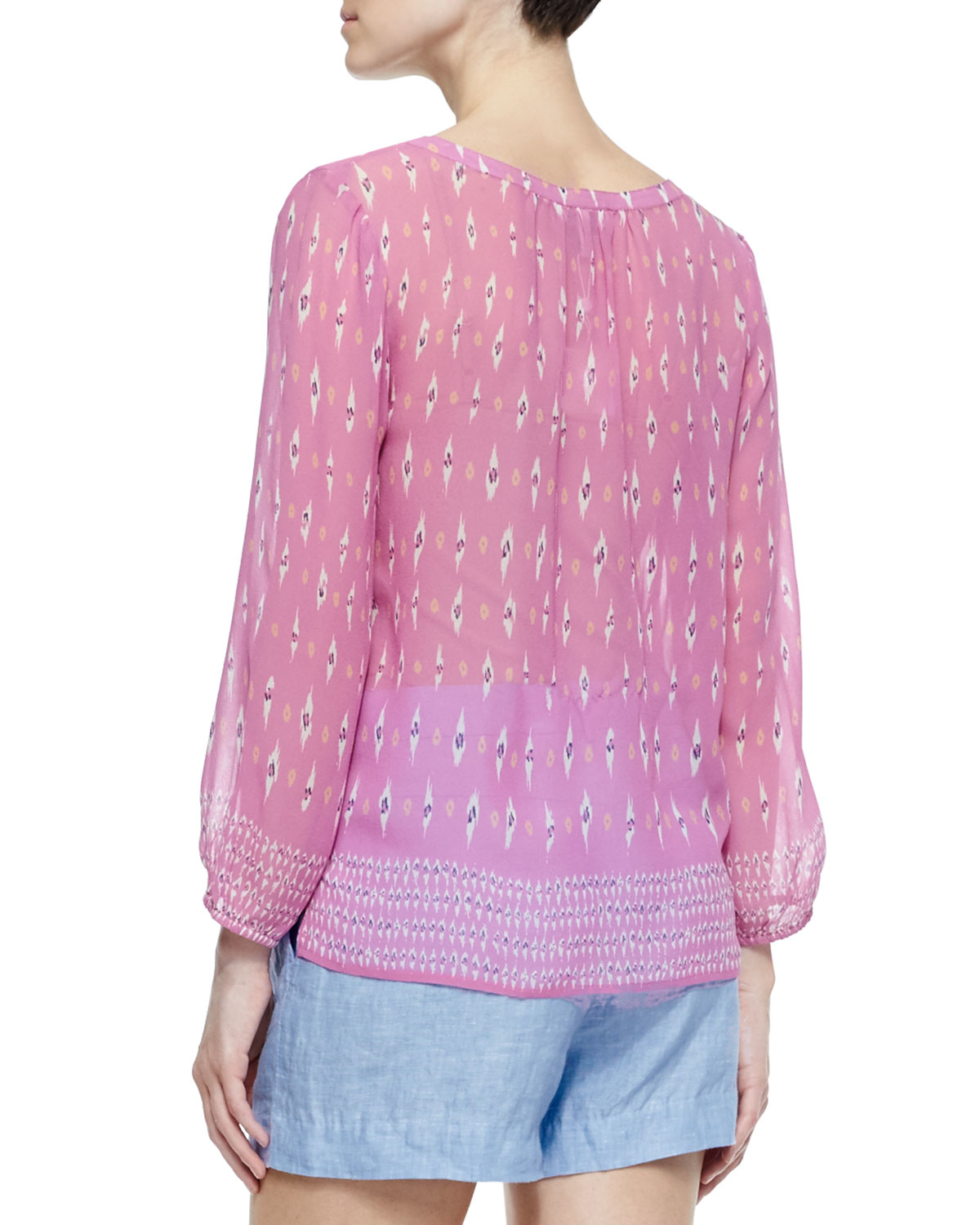 Joie Auberon Long sleeve Ikat print Sheer Blouse in Blue 