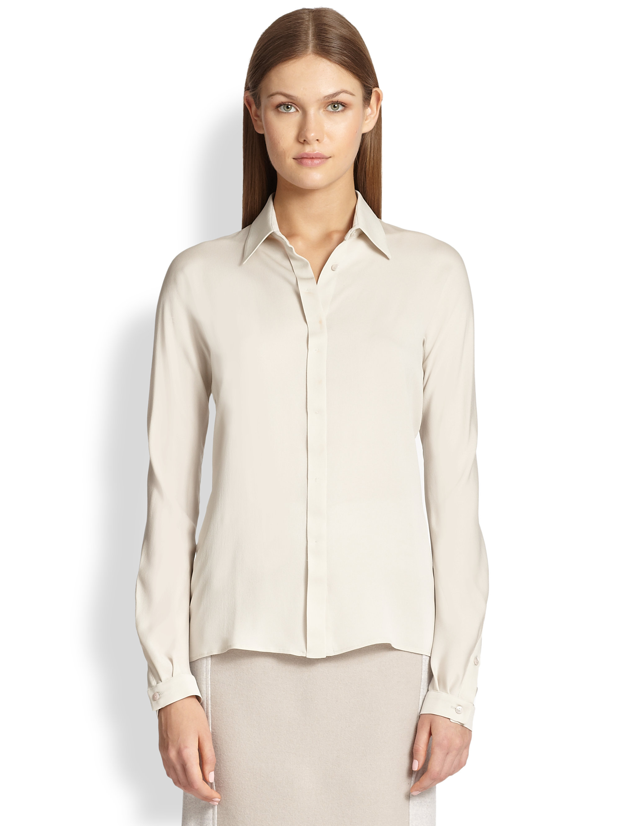 Lyst - Max Mara Olimpo Silk Button-Front Blouse in Natural