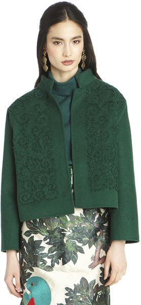 Oscar De La Renta Floral Embroidered Cashgora Jacket in Green (floral ...