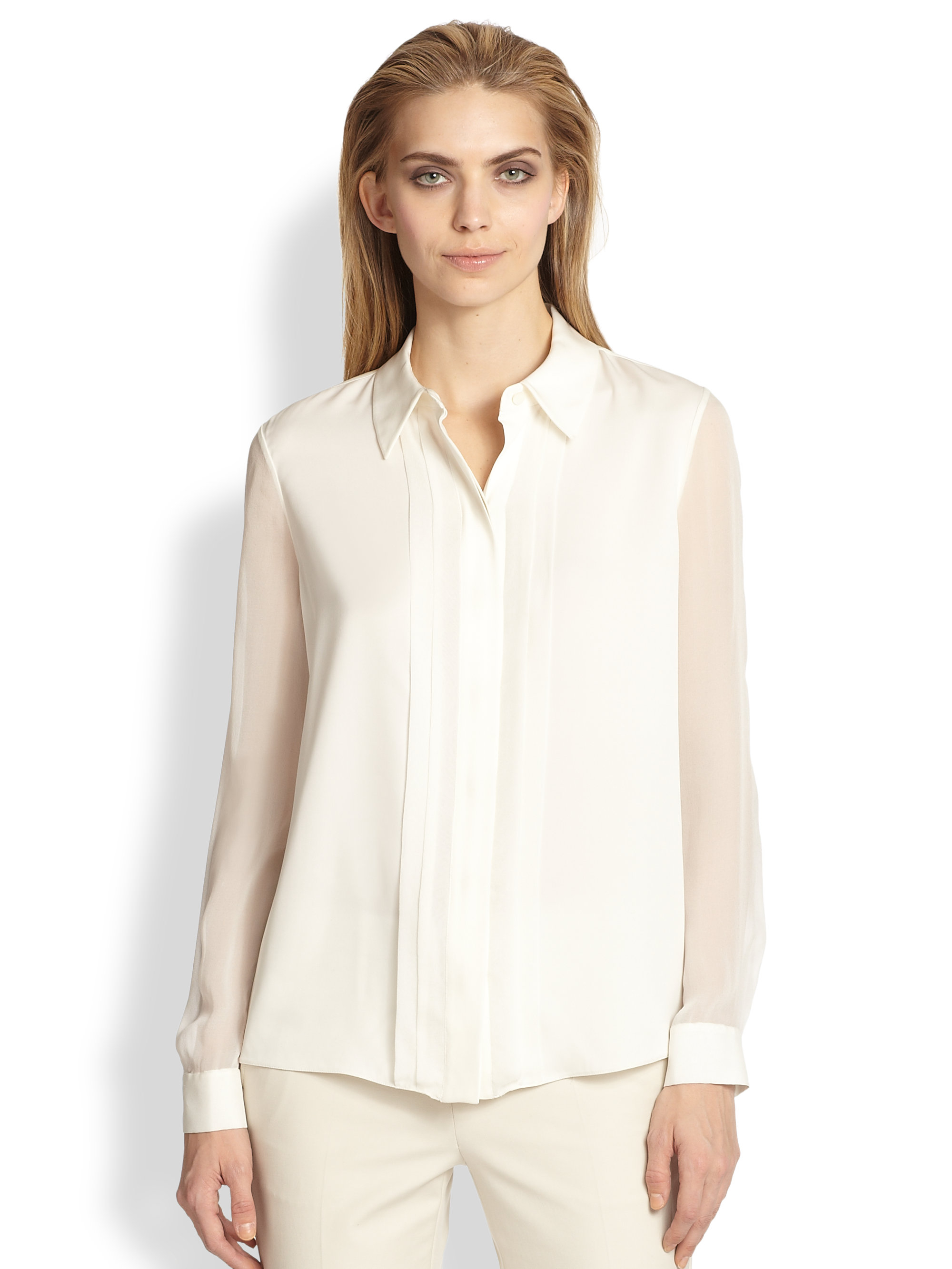 Armani Silk Sheer-Sleeve Tuxedo Blouse in White | Lyst