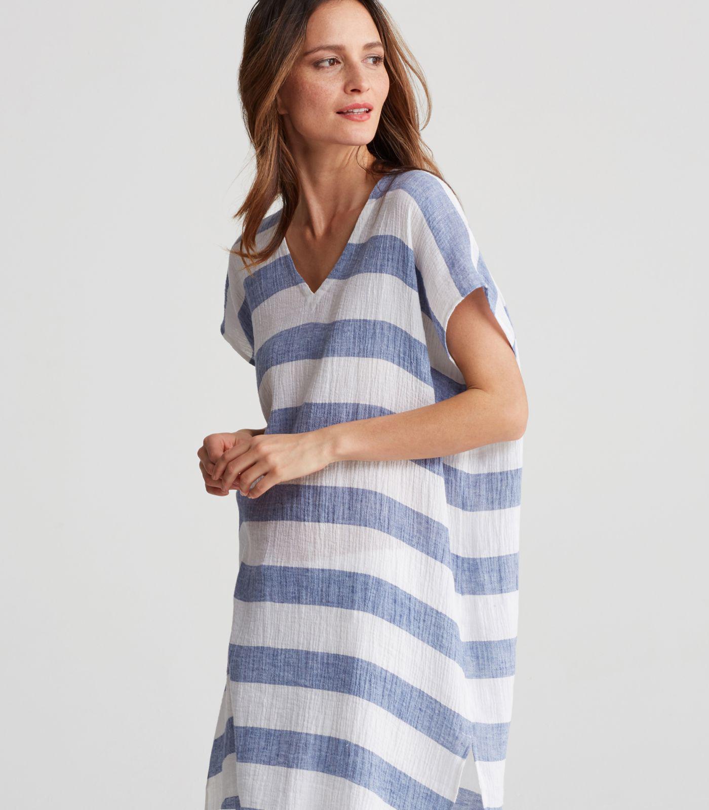 Lyst - Eileen Fisher Striped Organic Linen Crinkle Gauze V-neck Cap ...