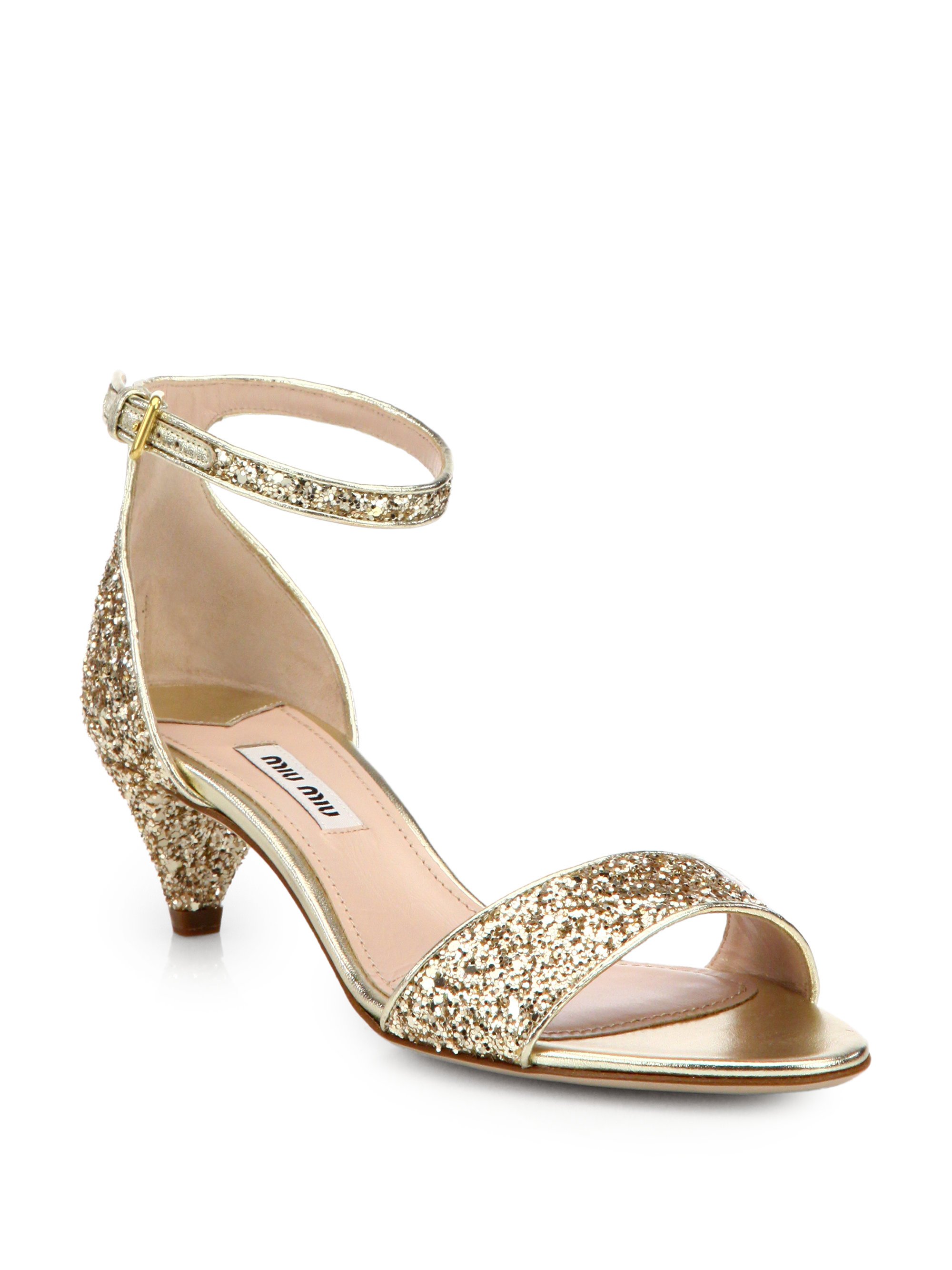 Miu Miu Jeweled Glitter Kitten-Heeled Sandals in Gold | Lyst