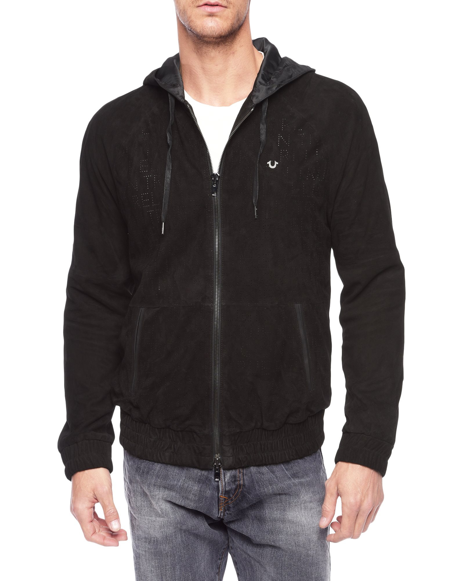 True Religion Zip Logo Perforated Mens Suede Jacket In Black For Gallery