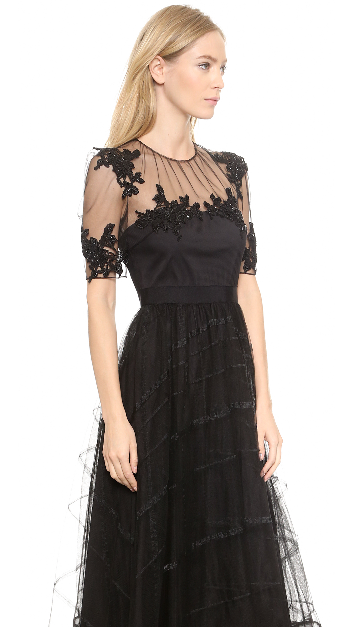 Notte by marchesa Tea Length Dress With Tulle Skirt - Black in Black | Lyst