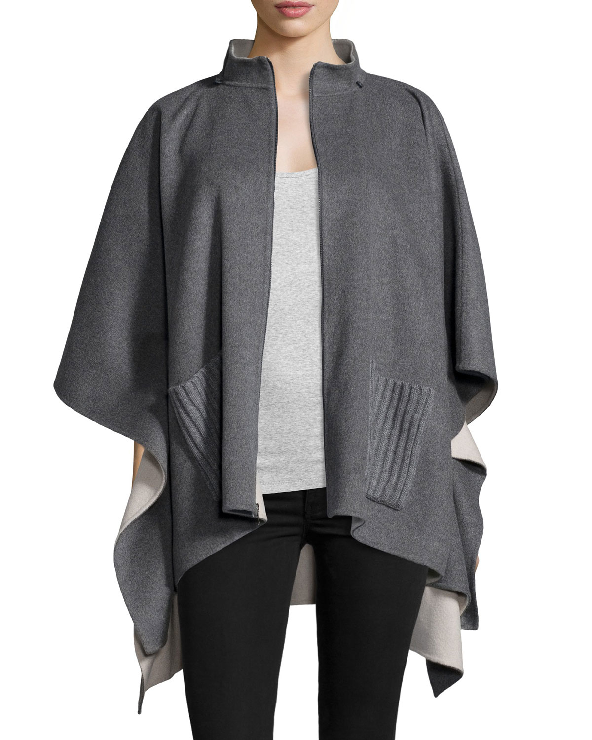 Neiman Marcus Hooded Cashmere Zip Poncho in Gray - Lyst