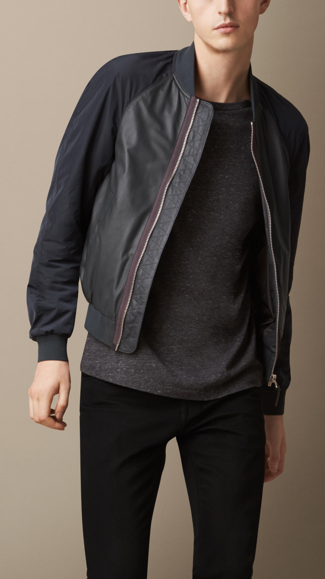 Burberry Nappa Leather Bomber Jacket With Contrast Sleeves in Gray for ...