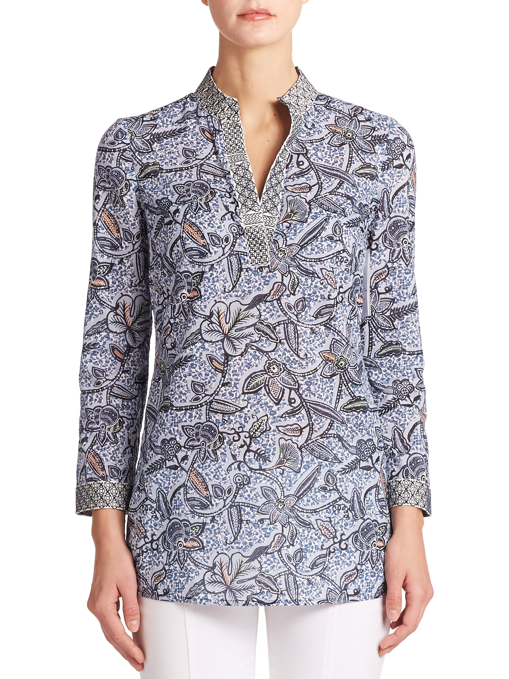 Lyst Tory Burch Embroideredtrim Tunic in Blue