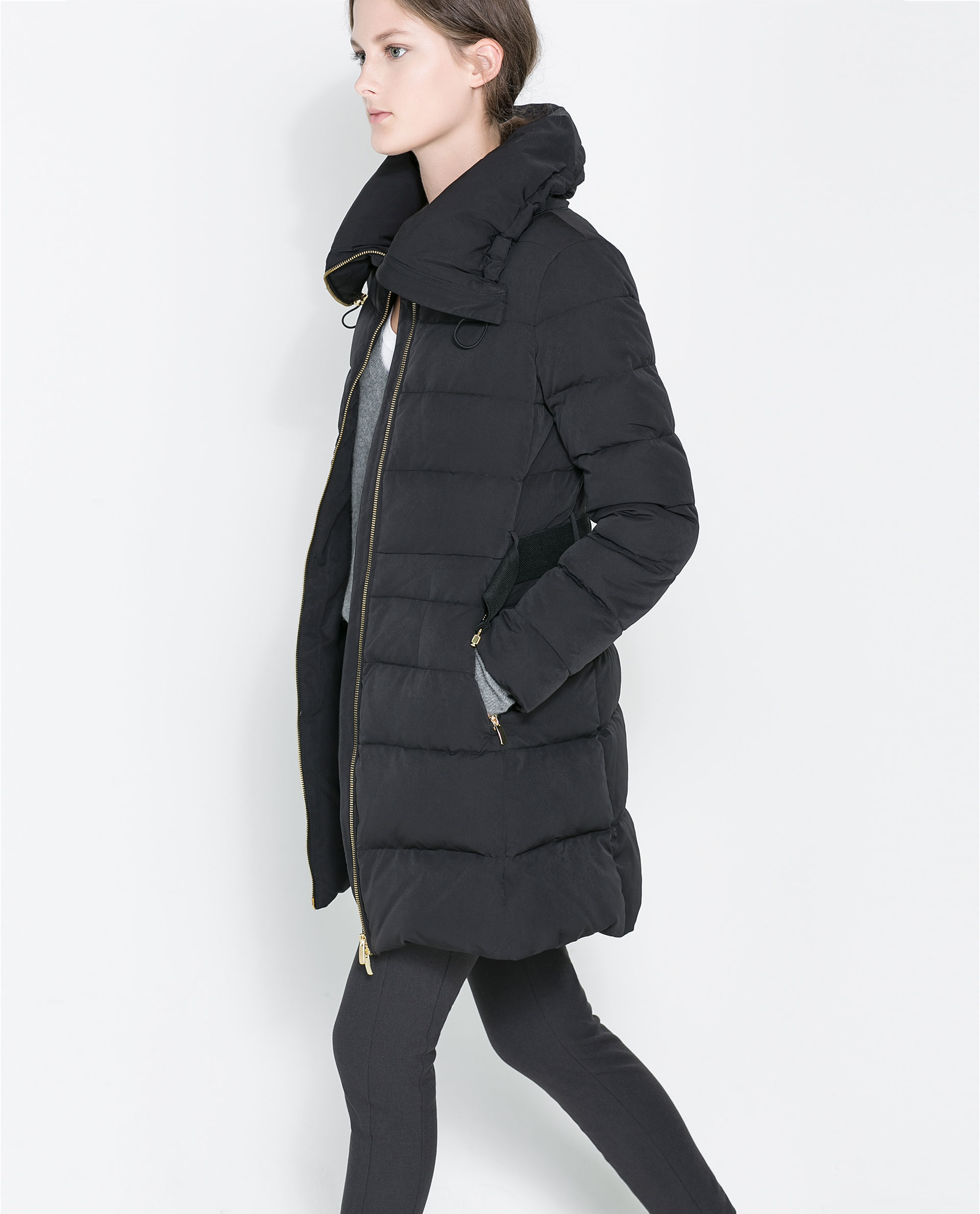 Zara Puffer Jacket With Wraparound Collar In Black Lyst Gallery Women S Puffer Jackets
